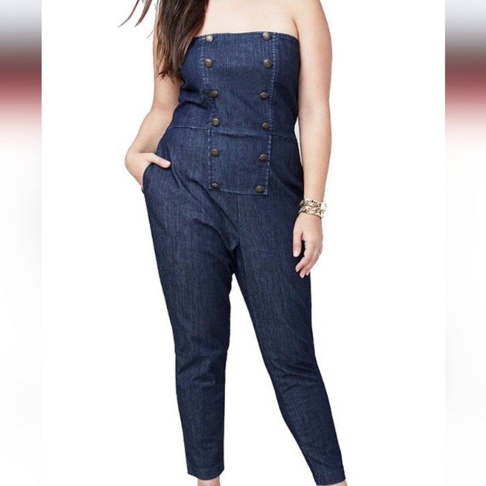 ❄️2/$5❄️[B7] 🆕 RACHAEL ROY Dark Wash Premium Denim Strapless Jumpsuit **FLAW**